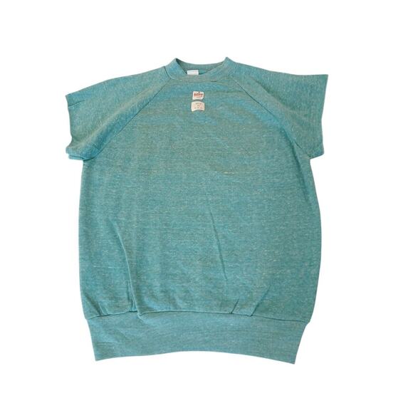 Vintage 1970s 1980s Healthknit USA Made XL TEAL Short Sleeve MUSCLE Sweatshirt - Picture 4 of 16